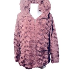 Forever 21 Pink /Rose Faux Fur Zip up Teddy Bear Hoodie Coat Size Large